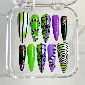 Handmade Halloween Beetle juice Stripe Spiderweb Green Purple Press on Nails D92