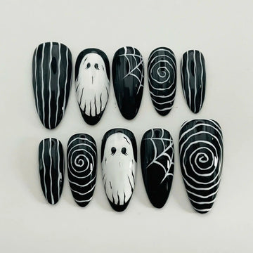 Handmade Halloween Ghost Spider Web Black White Spooky Press on Nails F78