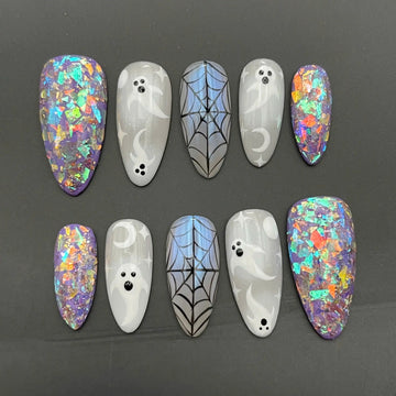 Handmade Halloween Ghost Spider Web Glitter Iridescent Spooky Press on Nails S59