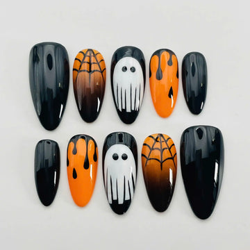 Handmade Halloween Ghost Spider Web Orange Spooky Press on Nails N17