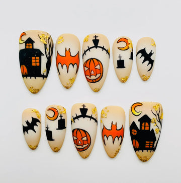 Handmade Halloween Haunted House Pumpkin Bat Gold Press on Nails C09