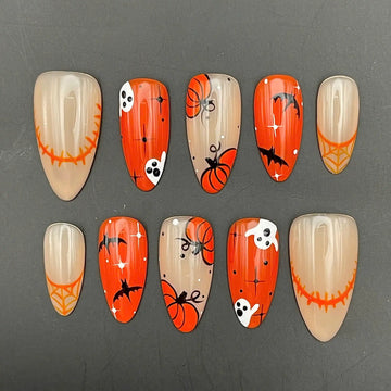Handmade Halloween Pumpkin Ghost Bat Orange Autumn Spooky Press on Nails M76
