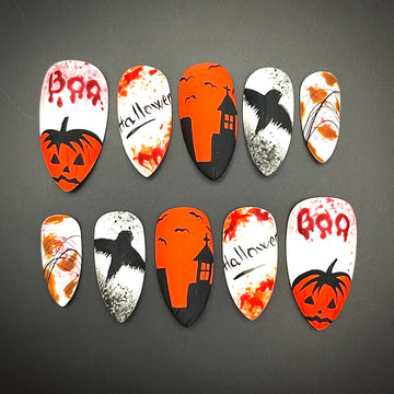 Handmade Halloween Pumpkin Haunted House Bat Crow Bloody Press on Nails O45