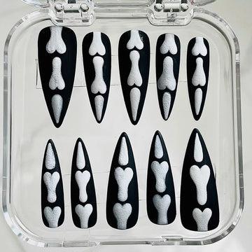 Handmade Halloween Skeleton Bone Black White Spooky Press on Nails B60