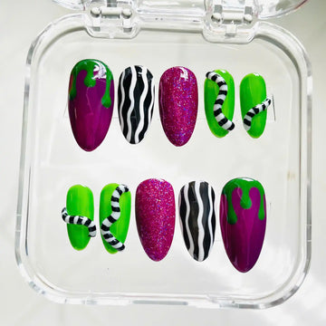 Handmade Halloween Slime Stripe Glitter Purple Green Spooky Press on Nails M56