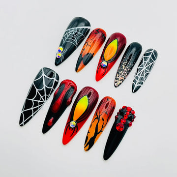 Handmade Halloween Spider Web Fire Blood Unique Press on Nails F03