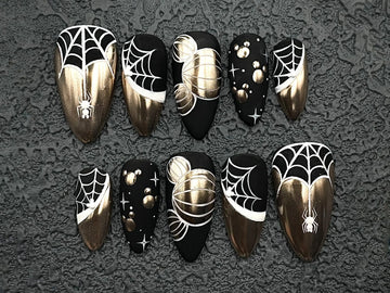 Handmade Halloween Spider Web Gold Black Gothic Unique Press on Nails P84