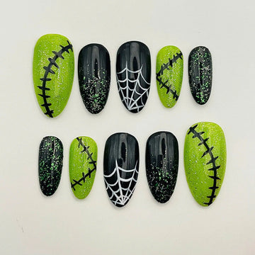 Handmade Halloween Stitches Spider Web Green Glitter Spooky Press on Nails S43