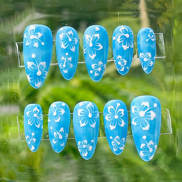 Handmade Hawaiian Blue White Floral Tropical Summer Flower Press on Nails N65