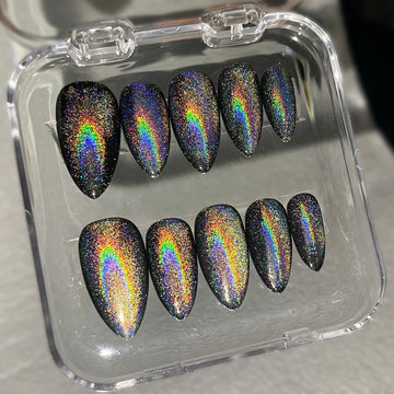 Handmade Holographic Rainbow Glitter Shimmer Unique Dazzling Press on Nails R52