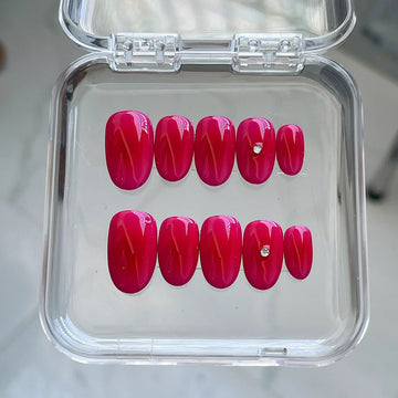 Handmade Hot Pink Jelly Vibrant Modern Rhinestone Press on Nails P66