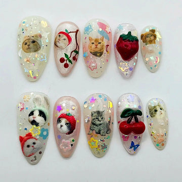 Handmade Kawaii Cute Cat Kitten Glitter Fruit Animal Press on Nails R31