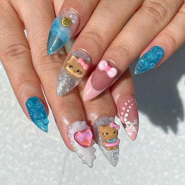 Handmade Kawaii Cute Kitty Cat 3D Glitter Ocean Press on Nails U96