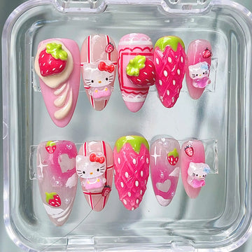 Handmade Kawaii Cute Strawberry Kitty 3D Fruit Pink Press on Nails Y32