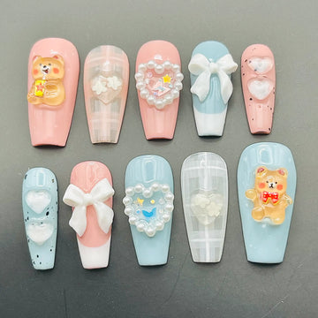 Handmade Kawaii Teddy Bear Bow Heart Pastel Press on Nails H70