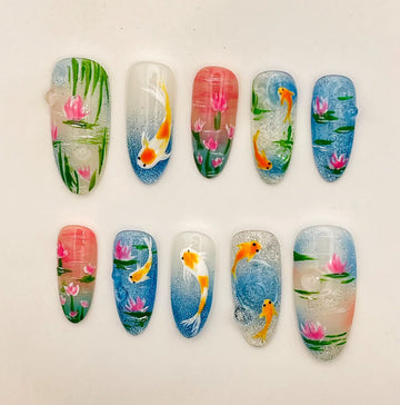 Handmade Koi Fish Lotus Pond Floral Japanese Art Press on Nails N54