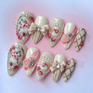 Handmade Lady Cat Pink Rose Bow Pearl Elegant Press on Nails F20