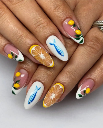 Handmade Lemon Orange Fish Summer Fruit Press on Nails V49