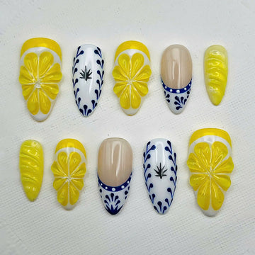 Handmade Lemon Yellow Blue Tile Citrus Summer 3D Press on Nails W42