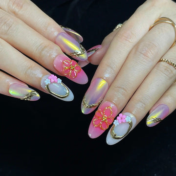 Handmade Luxury Gold Pink 3D Flower Iridescent Unique Press on Nails X10