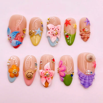Handmade Mermaid Seashell Starfish Floral 3D Colorful Unique Press on Nails H31