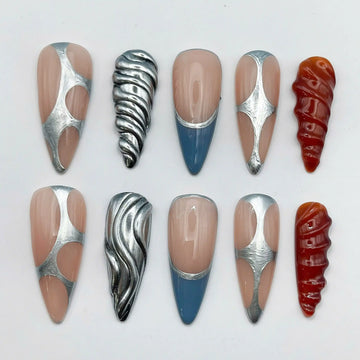 Handmade Metallic Silver 3D Abstract Futuristic Press on Nails N60