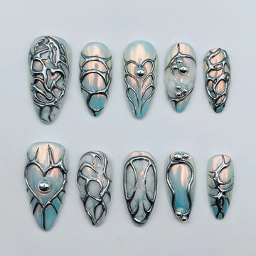 Handmade Metallic Silver 3D Iridescent Abstract Press on Nails C22