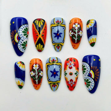 Handmade Mexican Tile Art Talavera Vibrant Colorful Fake Nails Y44