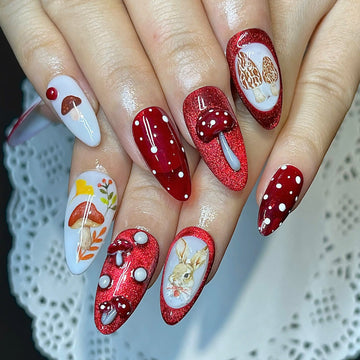 Handmade Mushroom Rabbit Cat Eye Red Glitter Autumn Press on Nails Y59