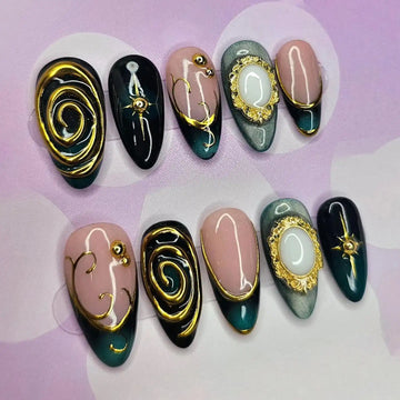 Handmade Mystical Gold 3D Elegant Ancient Press on Nails C56