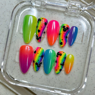 Handmade Neon Rainbow Vibrant Colorful Star Heart Press on Nails Y18