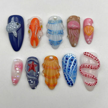 Handmade Ocean 3D Fish Jellyfish Seashell Colorful Press on Nails S10