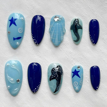 Handmade Ocean Blue Whale Starfish Seashell Press on Nails Y62