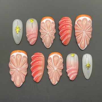 Handmade Orange Pink Citrus Fruit 3D Summer Star Press on Nails M01