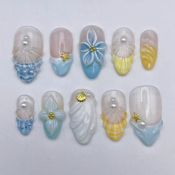 Handmade Pastel 3D Flower Seashell Pearl Ocean Press on Nails K69
