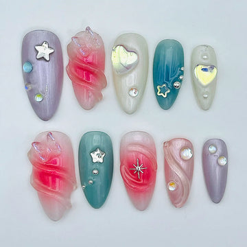 Handmade Pastel Iridescent Star Heart Charm Press on Nails S01