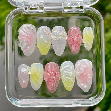 Handmade Pastel Pink Yellow 3D Fairy Flower Bow Press on Nails Z22