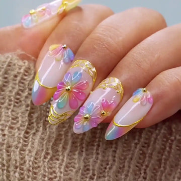 Handmade Pastel Rainbow 3D Flower Gold Dreamy Press on Nails T50