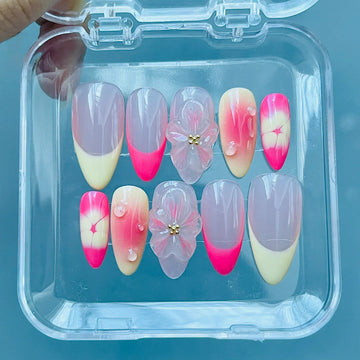 Handmade Pink 3D Flower Water Drop French Tip Spring Press on Nails E32