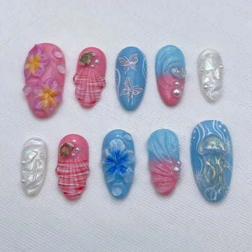 Handmade Pink Blue Jellyfish Seashell Floral Mermaid 3D Press on Nails P72