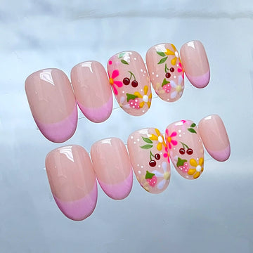 Handmade Pink Floral Cherry Fruit French Tip Spring Cute Press on Nails N98