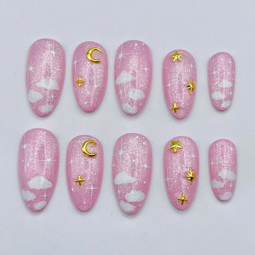 Handmade Pink Glitter Cloud Moon Star Dreamy Kawaii Press on Nails P26