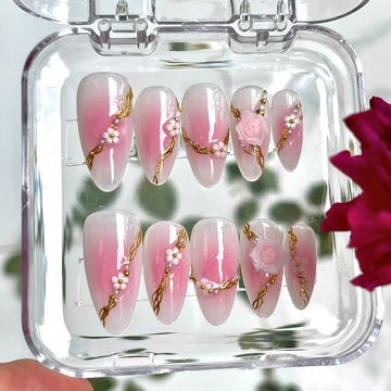 Handmade Pink Gold Rose Floral Elegant Romantic Press on Nails U11