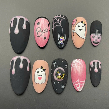 Handmade Pink Halloween Ghost Spider Pumpkin Spooky Press on Nails G17