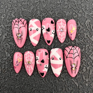 Handmade Pink Halloween Spider Web Ghost Heart Cute Press on Nails A91