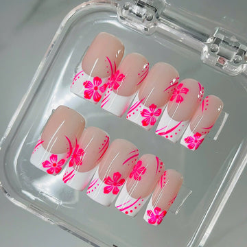 Handmade Pink Hibiscus Floral French Tip Fake Nails - Spring Summer Design O33