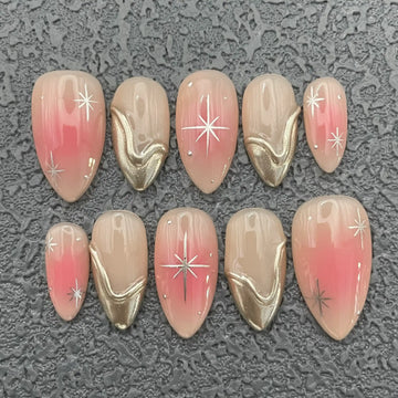 Handmade Pink Nude Silver Gold Star Elegant Subtle Press on Nails K03