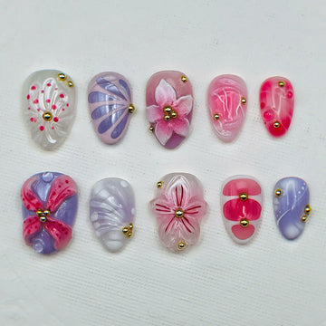 Handmade Pink Purple Floral 3D Gold Fake Nails D81