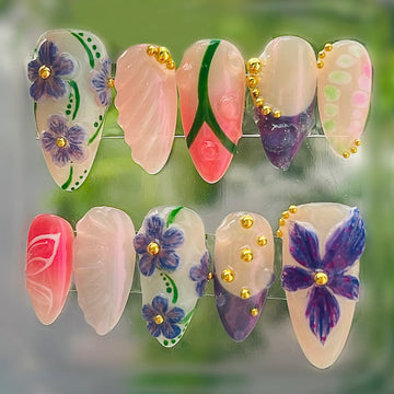 Handmade Purple Pink 3D Floral Gold Spring Garden Press on Nails H77