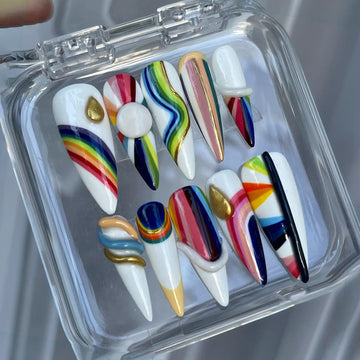 Handmade Rainbow Abstract Colorful Modern Art Press on Nails Y72